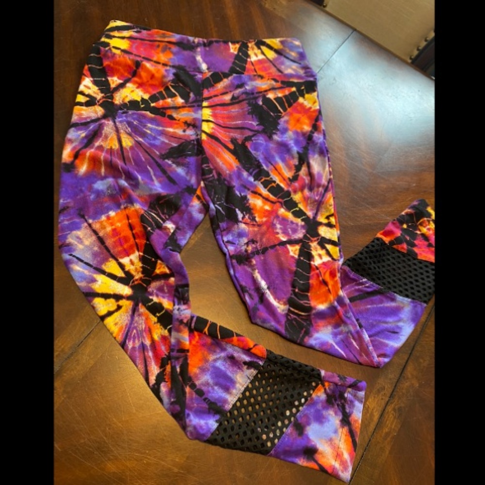 No Boundaries Purple Tie-Dye Leggings with Black Mesh Insets